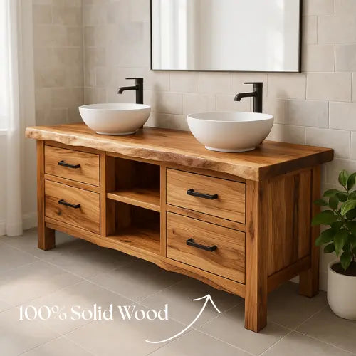 Handcrafted Double Sink Bathroom Vanity – Solid Oak Live Edge Countertop with Drawers & Shelves – Modern Rustic Wood Design for Natural Interiors Kitchnce