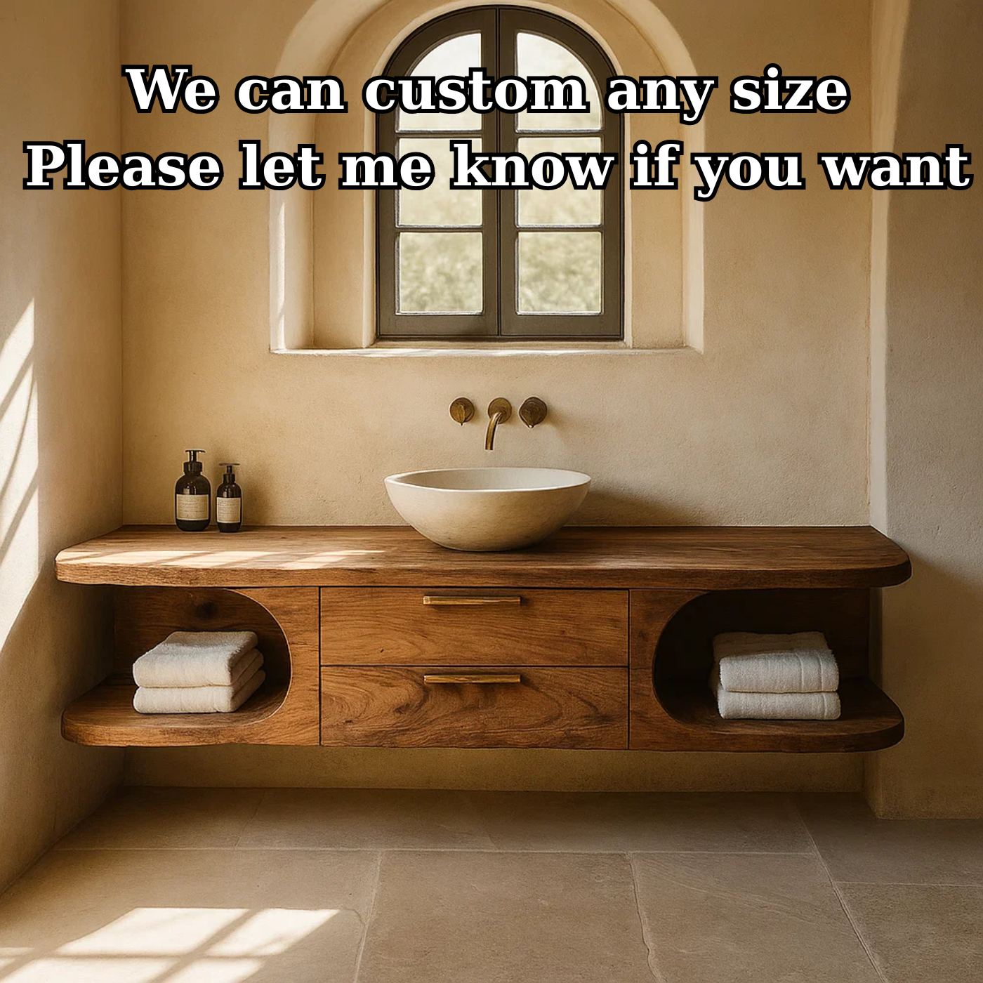 Handcrafted Solid Wood Floating Vanity - Organic Console with Curved Edges and Storage Nooks Kitchnce