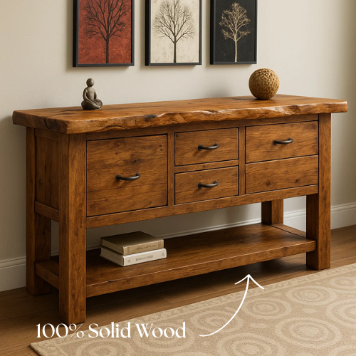Handcrafted Solid Wood Live Edge Console Table – Rustic Oak Design with Multiple Drawers and Bottom Shelf Kitchnce