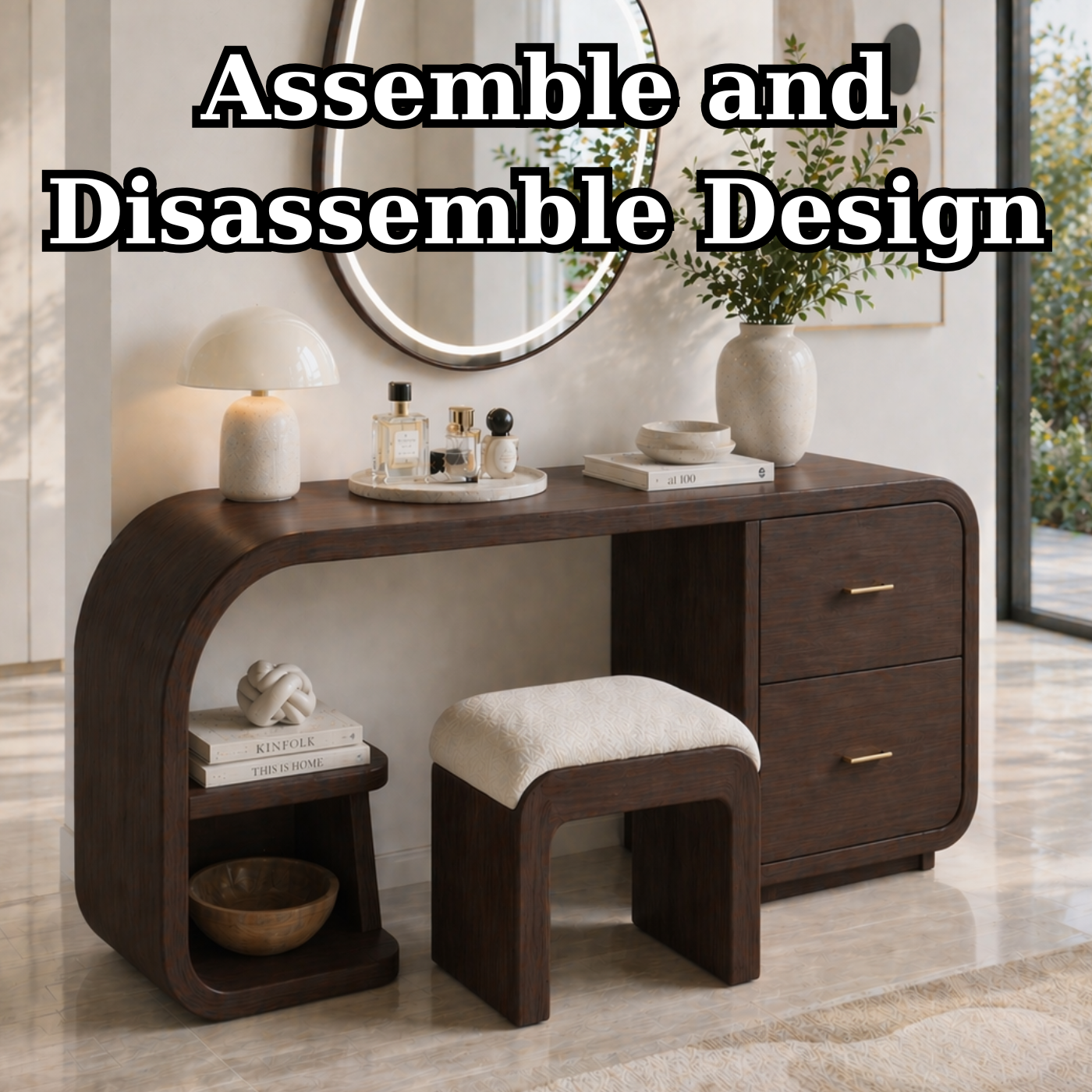 Solid Wood Makeup Vanity Desk with Curved Design and 2 Drawer Storage