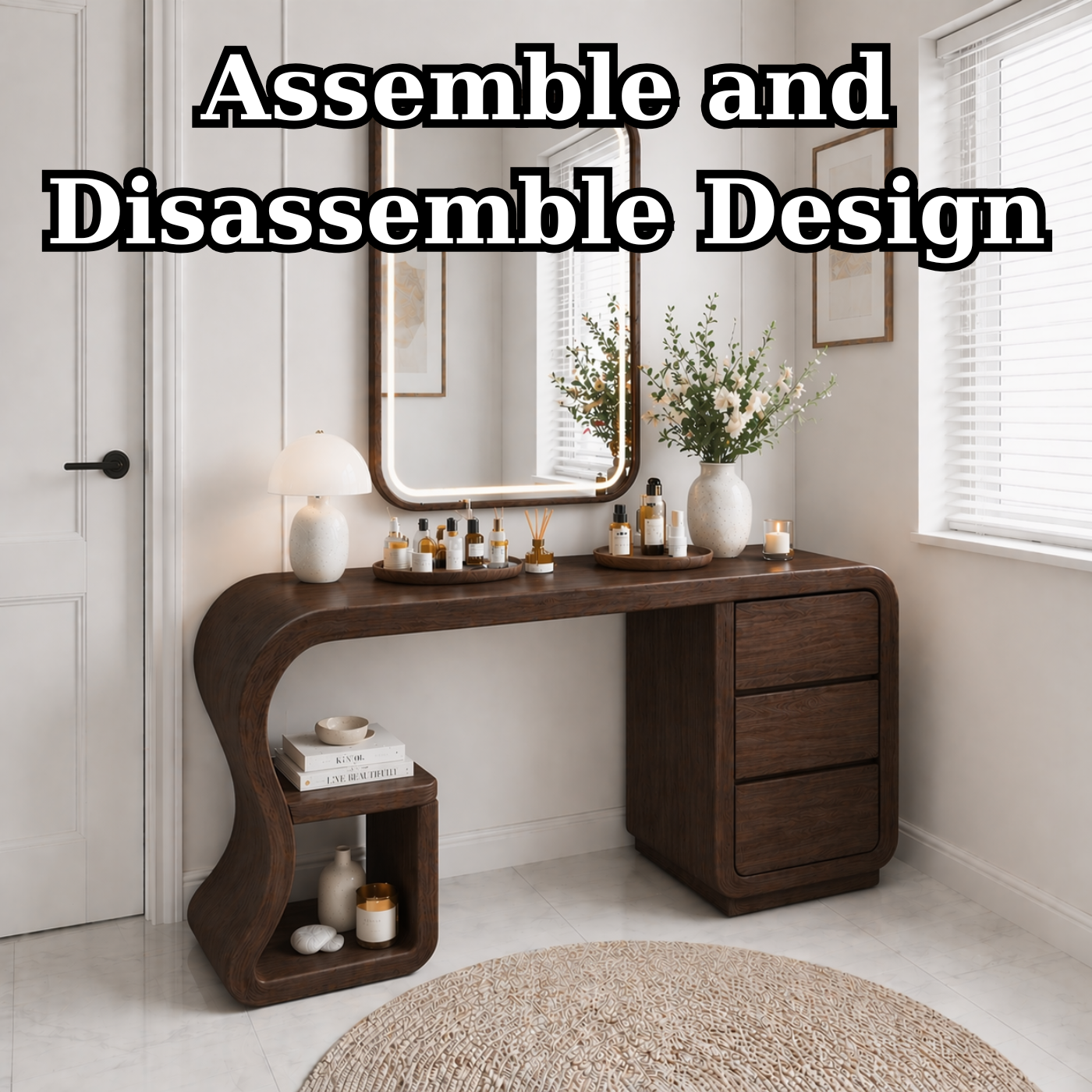 Solid Wood Makeup Vanity Desk with Curved Design and 3 Drawer Storage