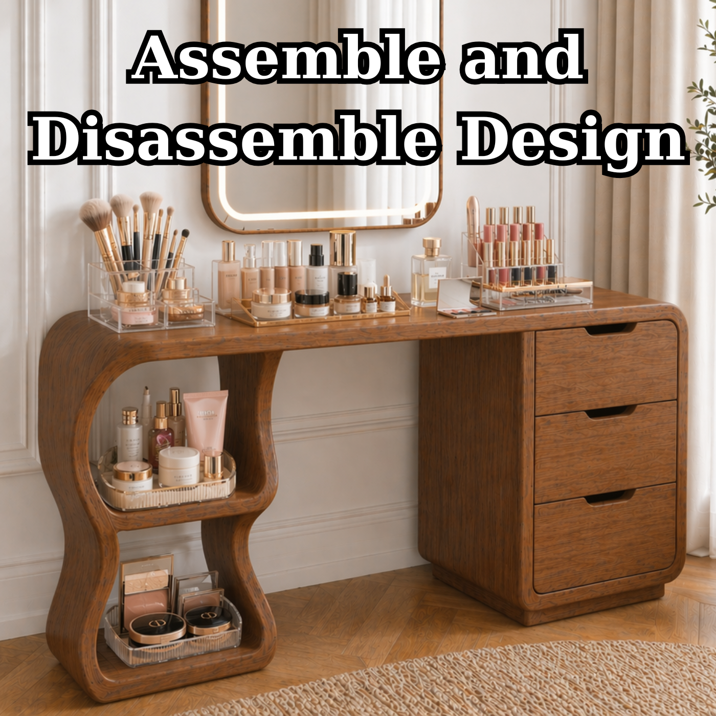 Solid Wood Makeup Vanity Desk with Sculptural Curved Base and 3 Drawers