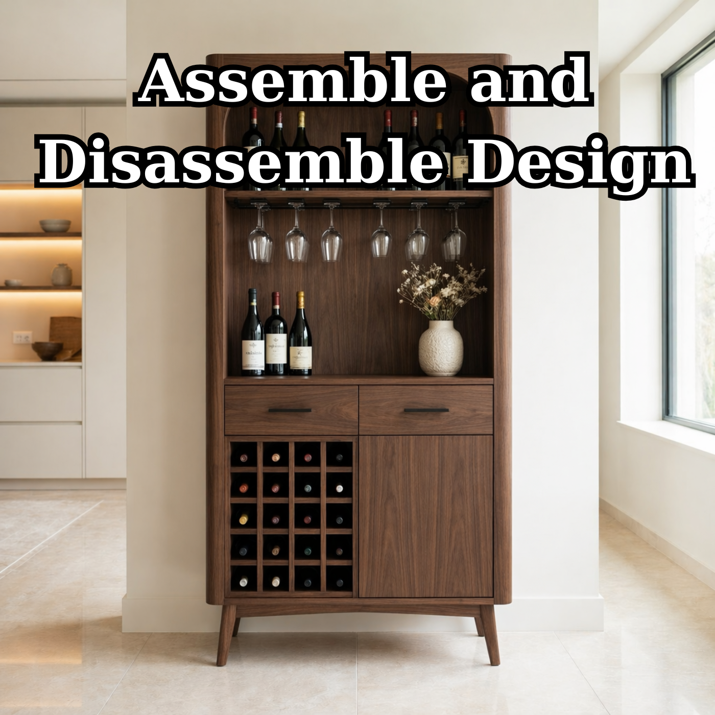 Solid Wood Wine Cabinet with Open Shelves, Glass Holder and Bottle Rack