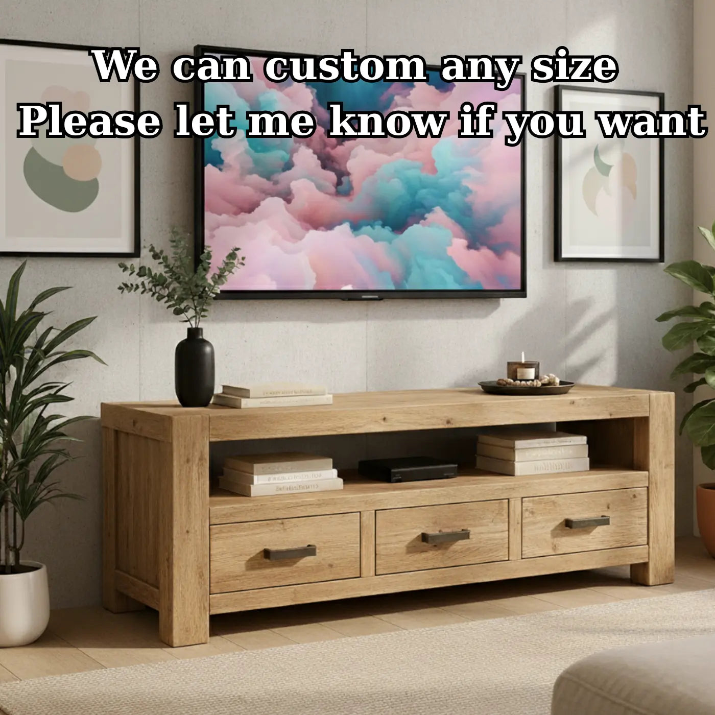 Handcrafted Solid Wood TV Stand - Chunky Rustic Media Console with 3 Drawers & Shelf Kitchnce