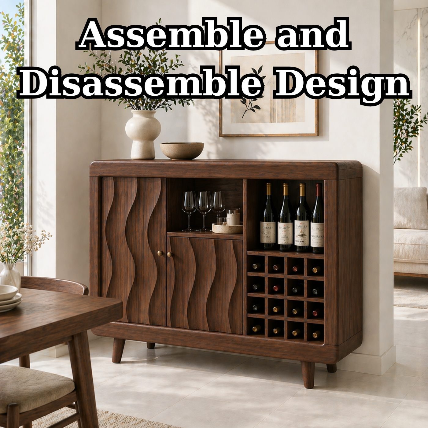 Solid Wood Wine Cabinet with Wave Carved Doors and Built-in Bottle Storage