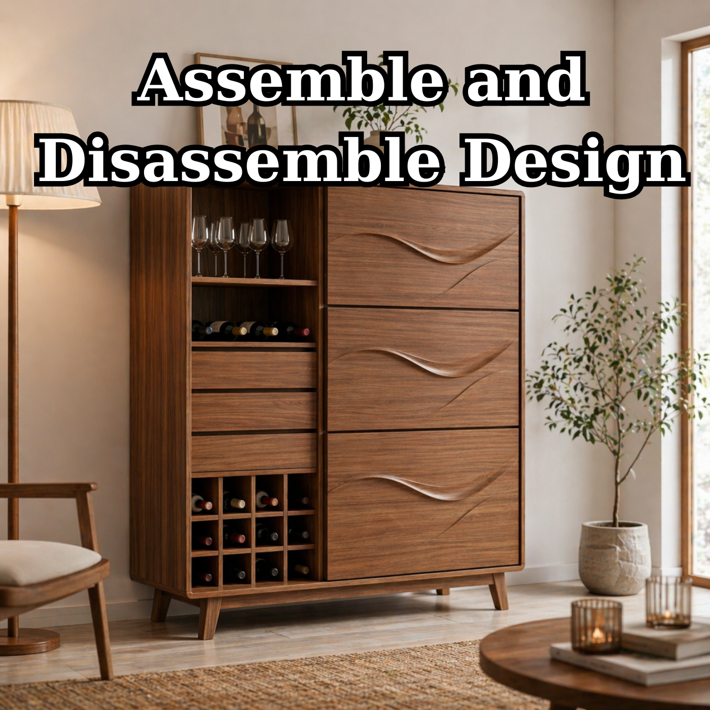 Solid Wood Wine Cabinet with Wave Carved Drawers and Bottle Storage