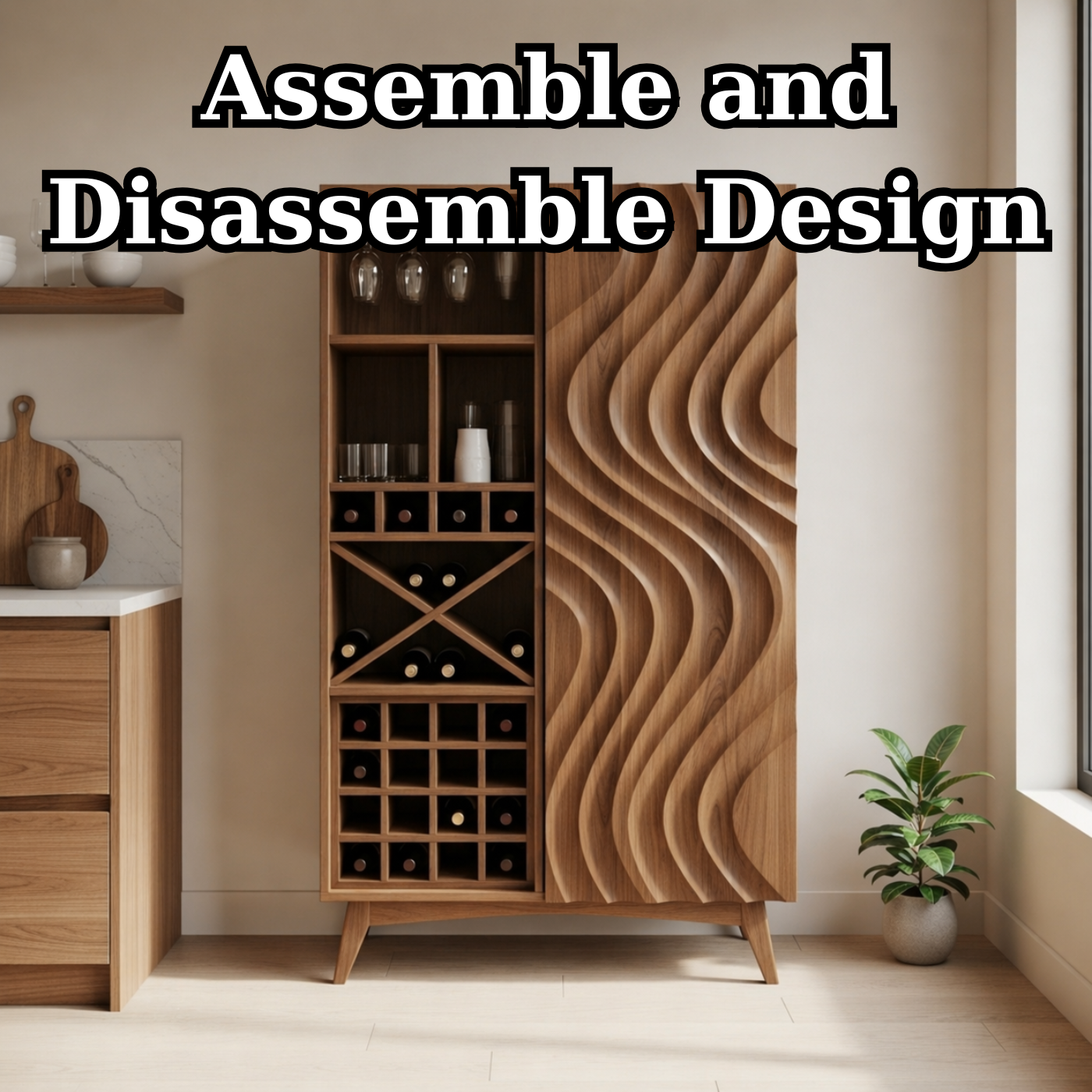 Solid Wood Wine Cabinet with Wave Carved Door and Bottle Storage Rack