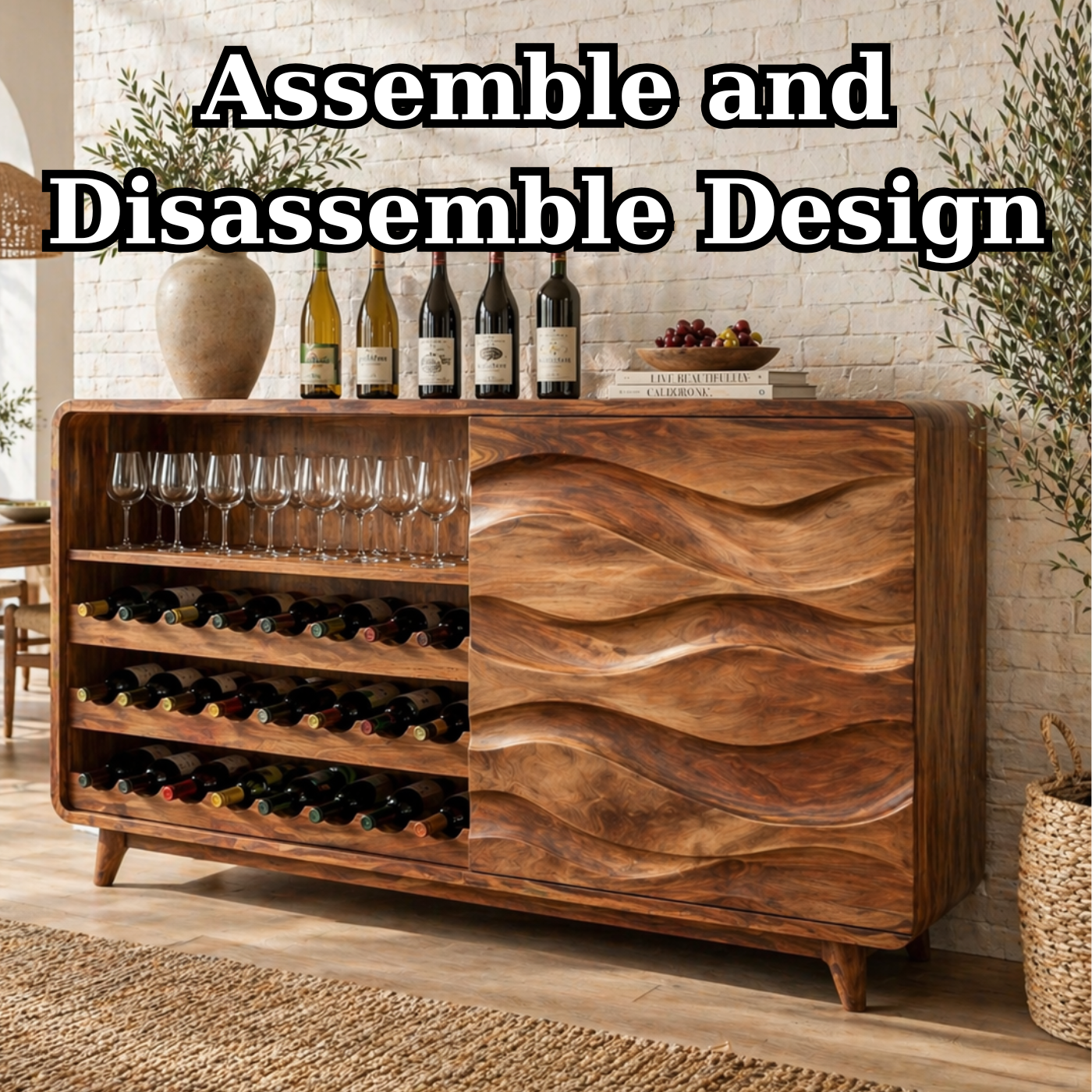 Solid Wood Wine Sideboard with Wave Carved Doors and Bottle Storage