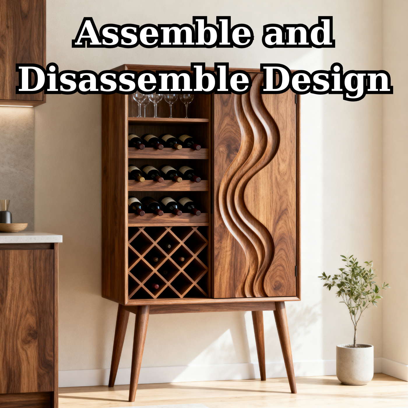 Solid Wood Wine Cabinet with Wave Carved Door and Bottle Storage Rack
