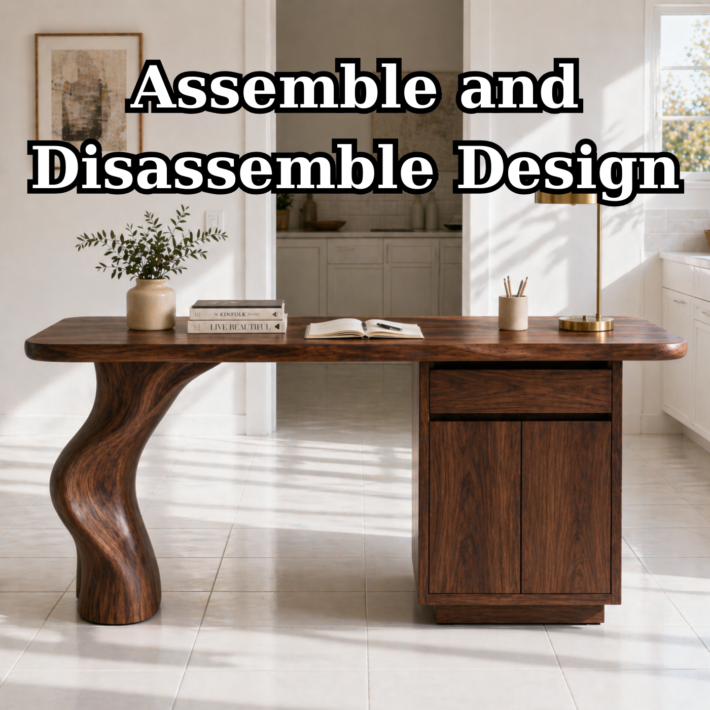 Solid Wood Writing Desk with Sculptural Curved Leg and Storage Cabinet