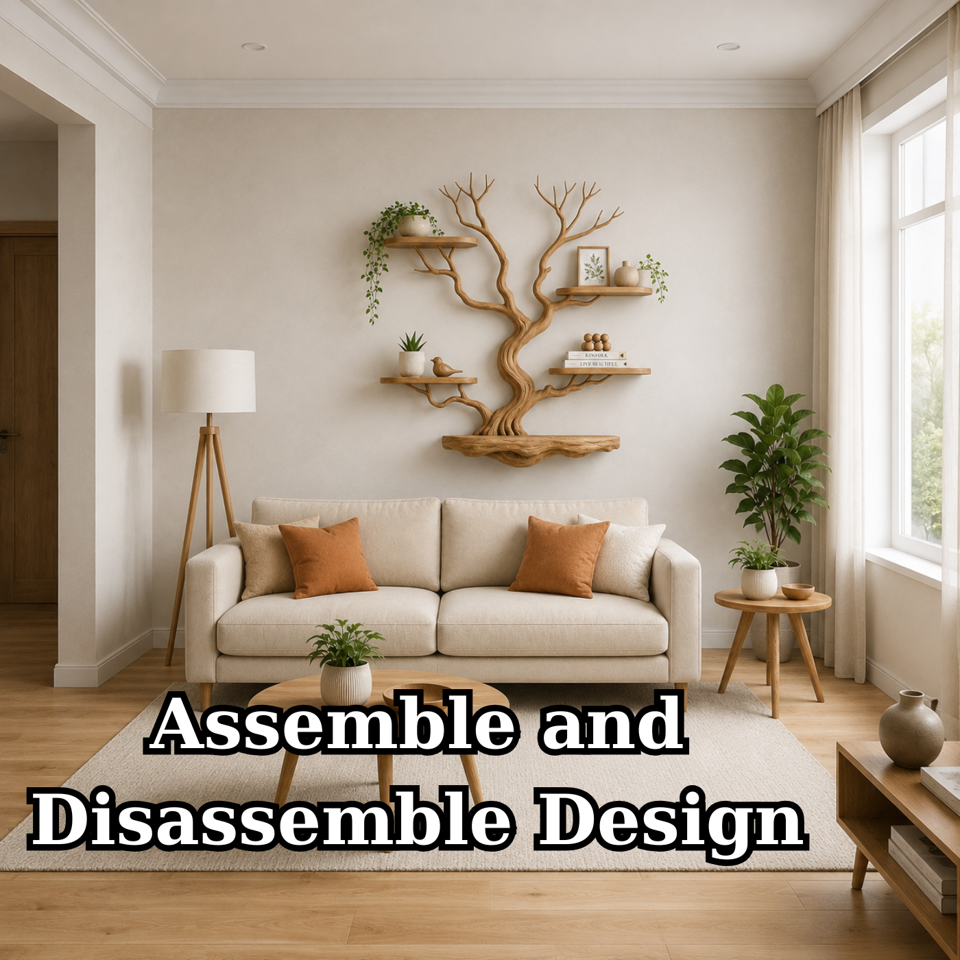 Handcrafted Solid Wood Tree Wall Shelf with Floating Display Shelves