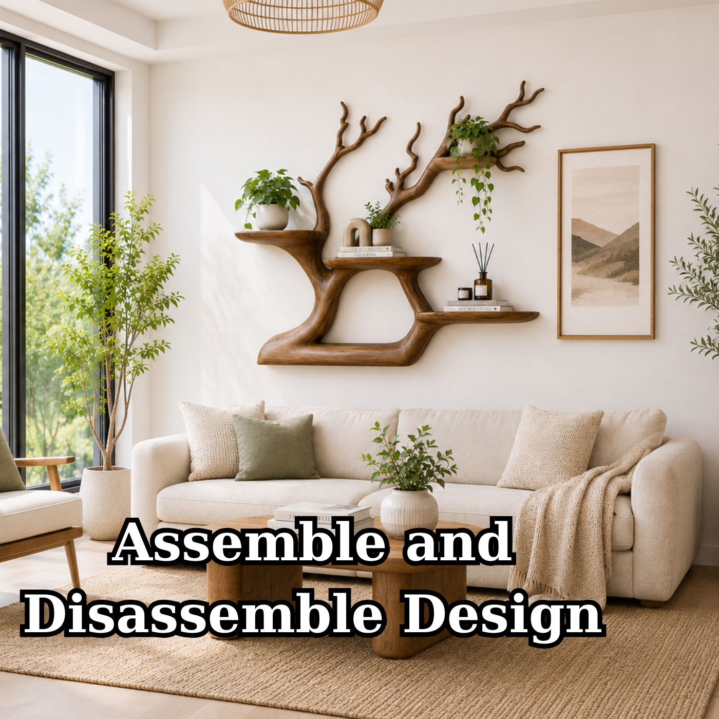 Handcrafted Solid Wood Tree Bookshelf with Floating Shelves