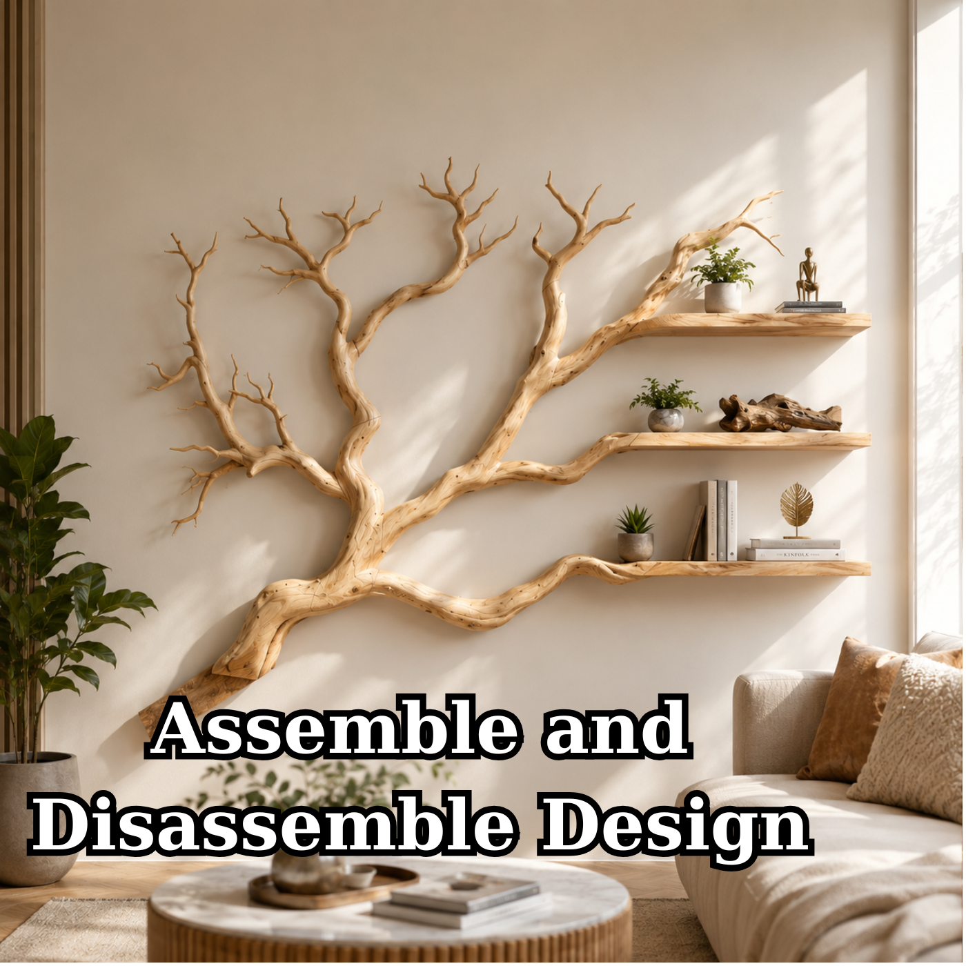 Handcrafted Solid Wood Branch Bookshelf with Floating Wall Shelves