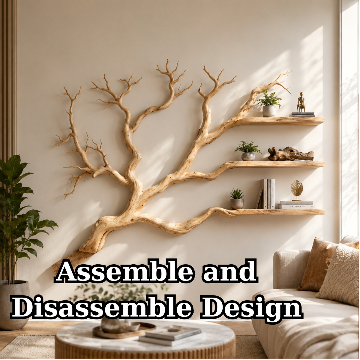 Handcrafted Solid Wood Branch Bookshelf with Floating Wall Shelves