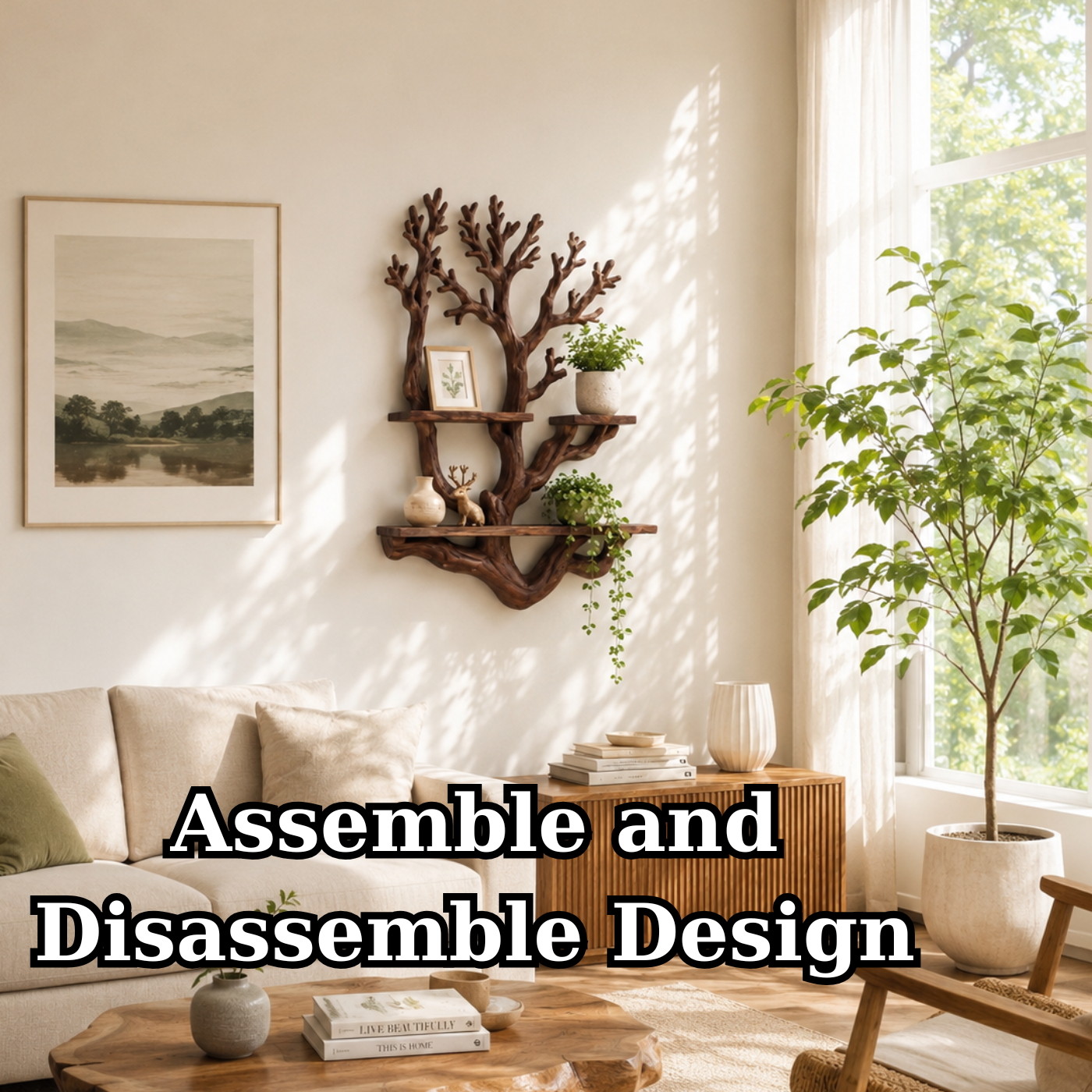 Handcrafted Solid Wood Tree Display Shelf with Organic Branch Design