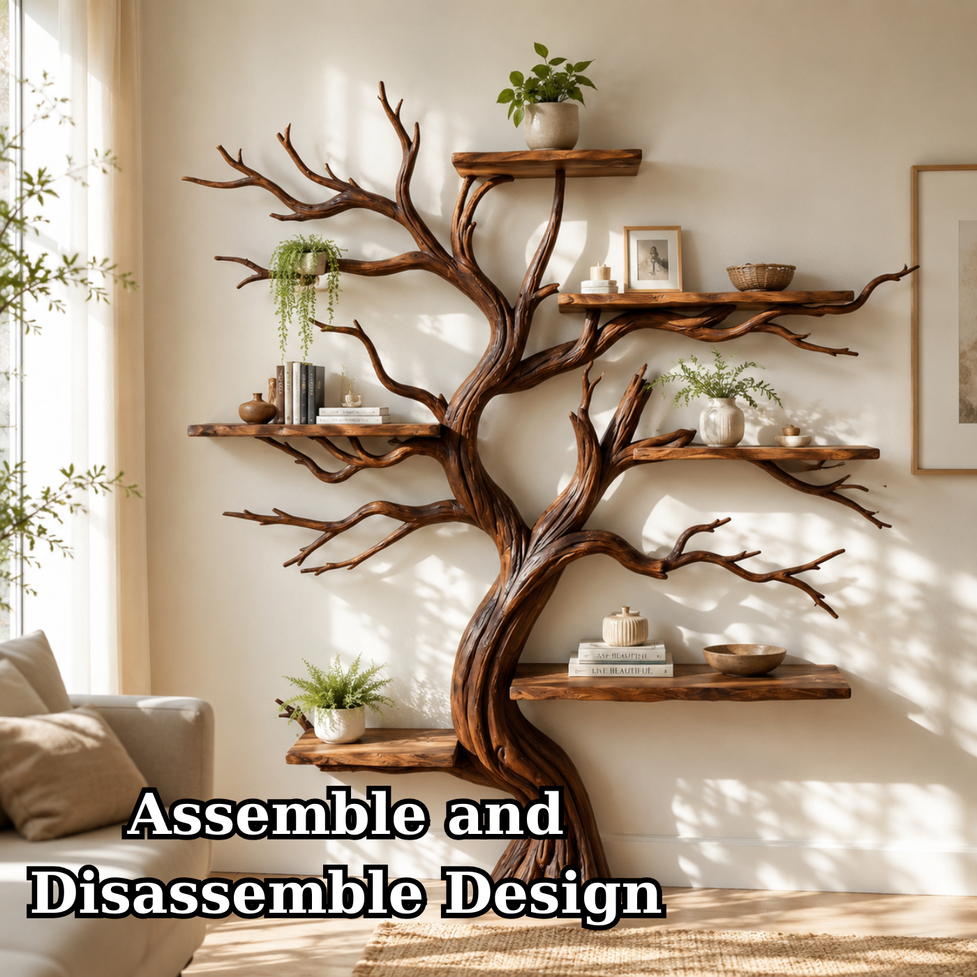 Handcrafted Solid Wood Tree Bookshelf with Twisting Sculptural Branches