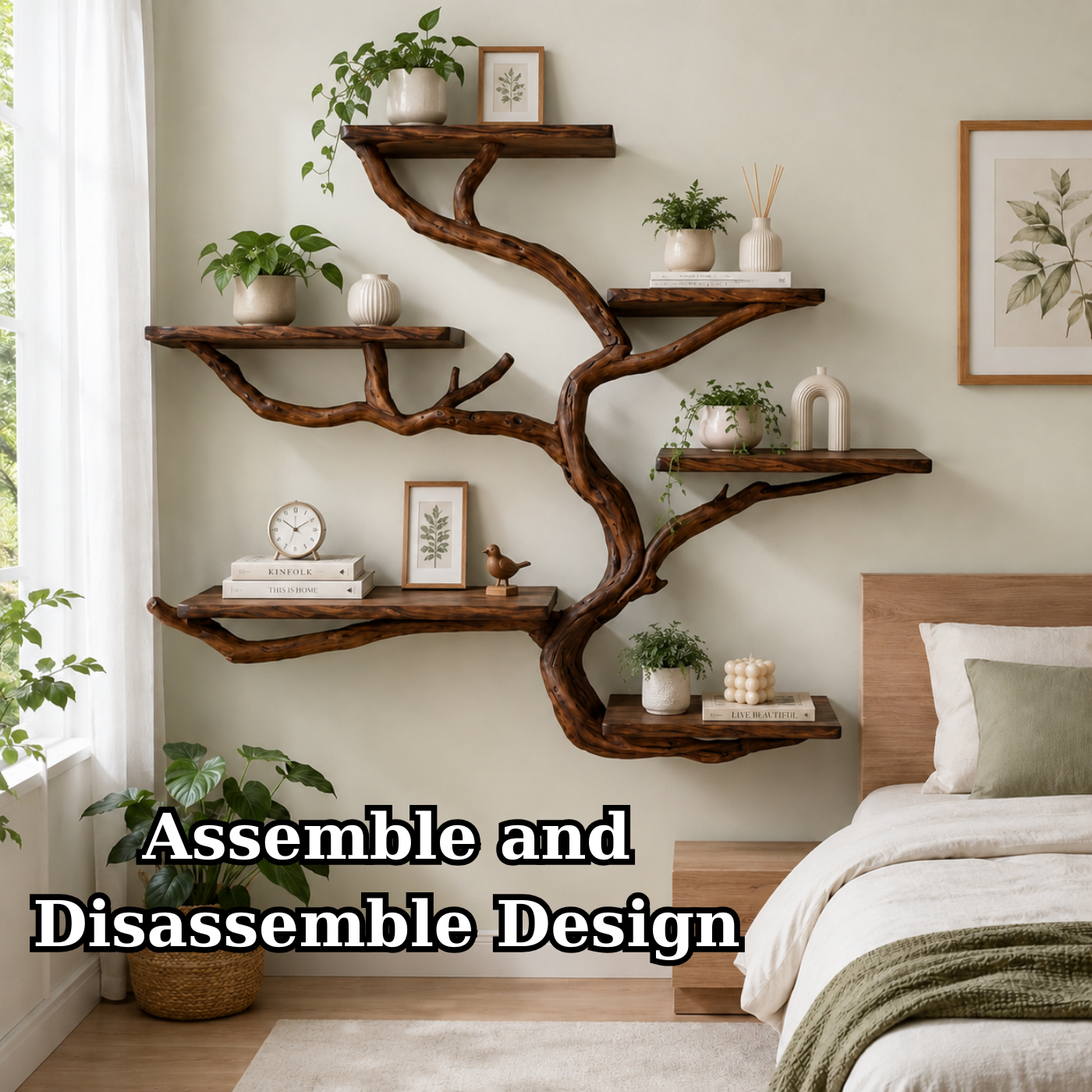 Handcrafted Solid Wood Tree Bookshelf with Curved Floating Shelves