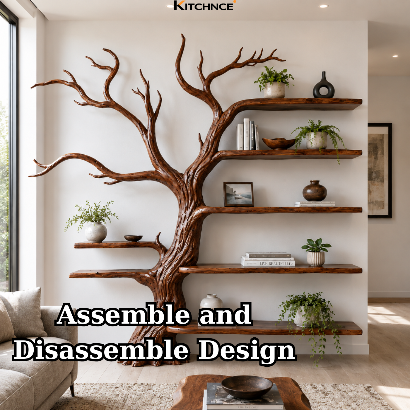 Handcrafted Solid Wood Tree Bookshelf with Open Floating Shelves