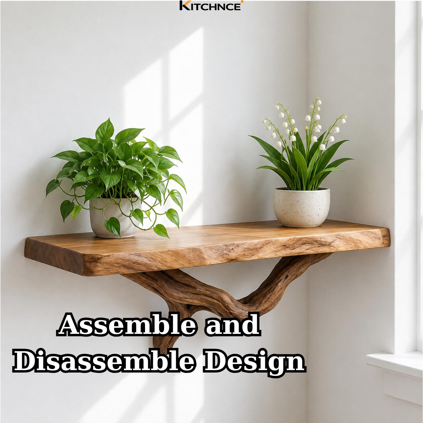 Handcrafted Solid Wood Live Edge Floating Shelf with Sculptural Wood Bracket