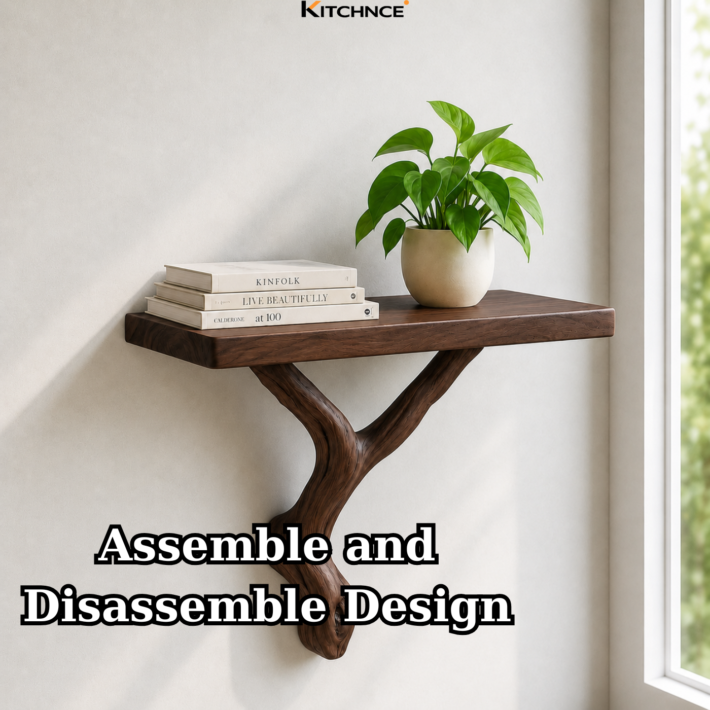 Handcrafted Solid Wood Floating Shelf with Organic Wood Bracket