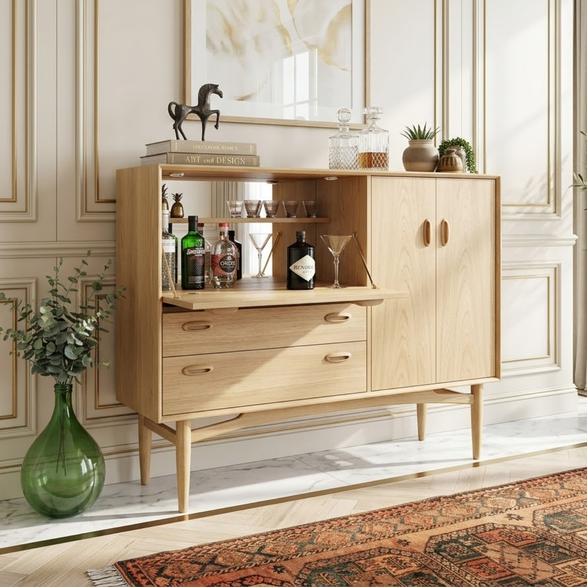 Contemporary Wooden Bar Cabinet, Stylish Mid Century Entertaining Console for Storage