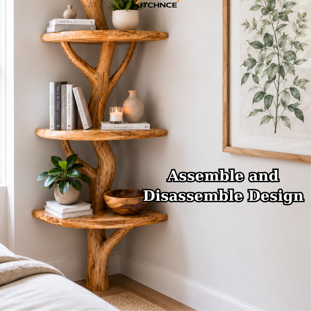 Handcrafted Solid Wood Tree Corner Shelf with Twisted Branch Design