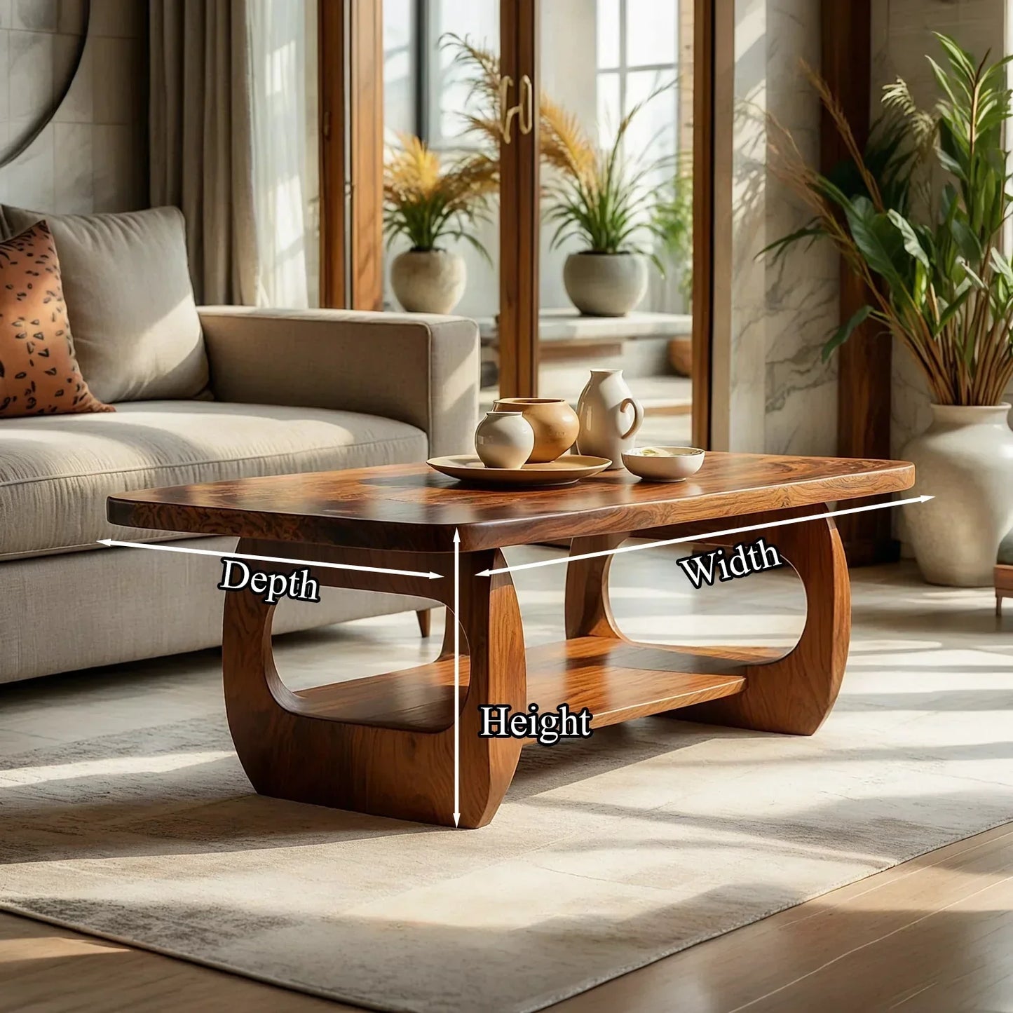 Natural Wood Coffee Table with Sculpted Open Frame Base and Shelf