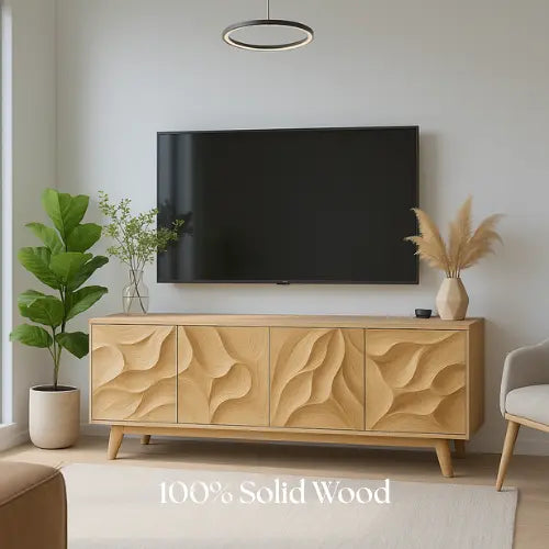 Handcrafted Solid Oak TV Stand with 3D Wave Carved Doors – Modern Artistic Console Table for Living Room Kitchnce