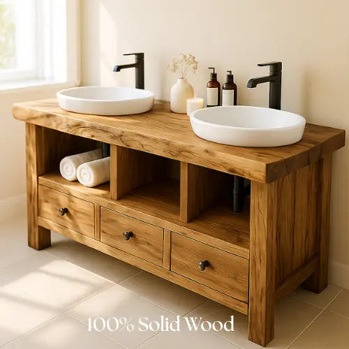Handcrafted Solid Wood Double Sink Bathroom Vanity – Rustic Live Edge Countertop with 3 Drawers & Open Shelves – Farmhouse Design Kitchnce