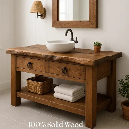 Handcrafted Live Edge Bathroom Vanity – Solid Wood Sink Console with Rustic Drawers and Open Storage Shelf Kitchnce