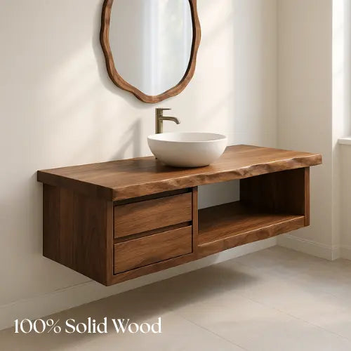 Handcrafted Floating Solid Walnut Bathroom Vanity – Live Edge Countertop with Dual Drawers and Open Shelf – Modern Rustic Design Kitchnce