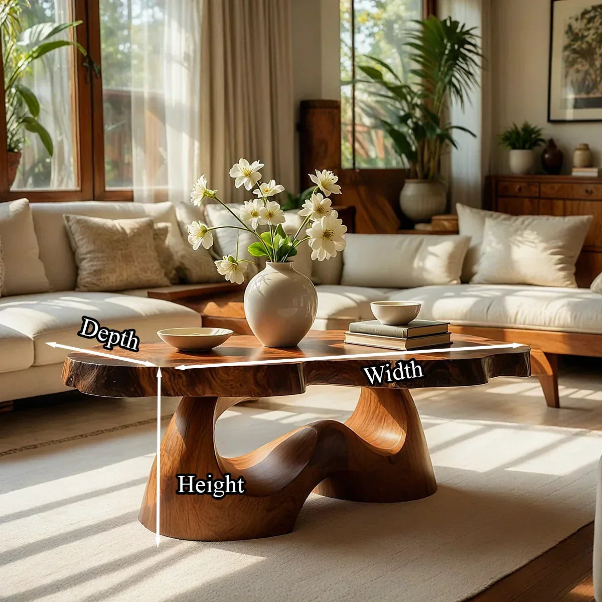 Organic Live Edge Natural Wood Coffee Table with Flowing Sculptural Base