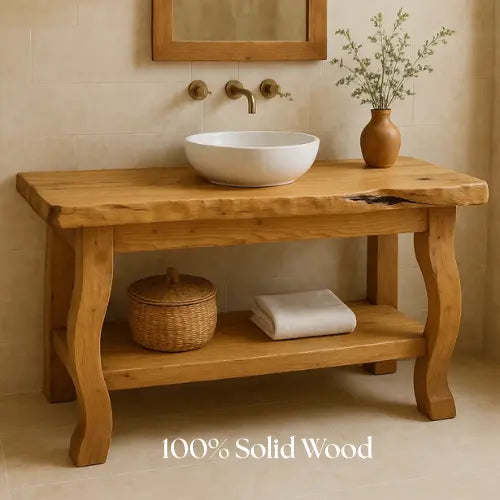 Handcrafted Solid Wood Bathroom Vanity – Live Edge Countertop with Curved Legs and Open Shelf – Rustic Organic Natural Design Kitchnce