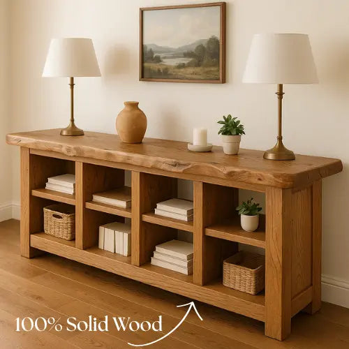 Handcrafted Solid Wood Live Edge Console Table – Rustic Oak with Open Cubby Shelves Kitchnce