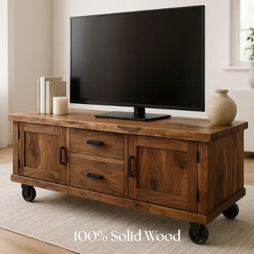 Handcrafted Solid Walnut TV Stand with Live Edge Top and Locking Wheels – Rustic Industrial Media Console Kitchnce