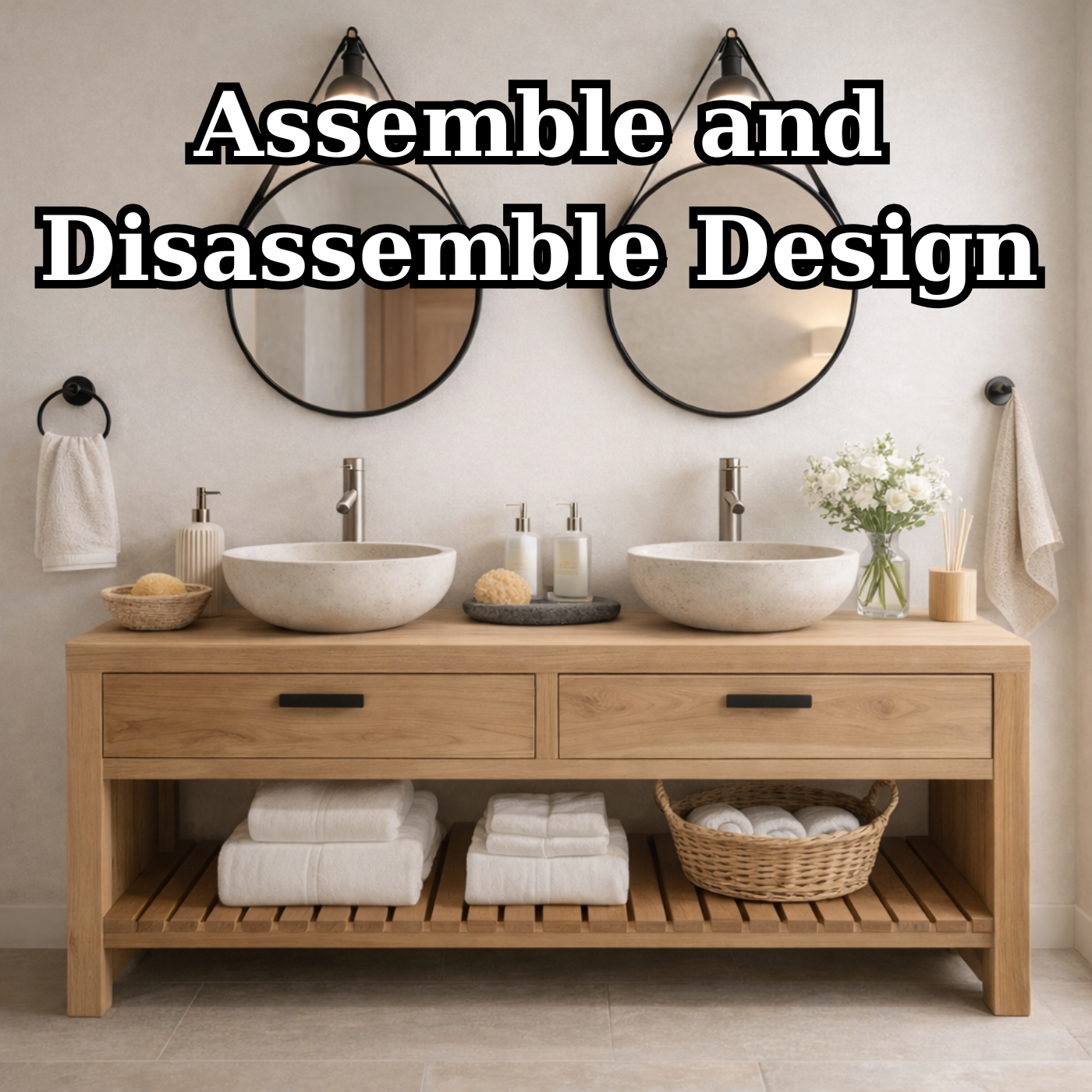 Scandinavian Solid Wood Double Sink Bathroom Vanity with Dual Drawers and Slatted Open Shelf