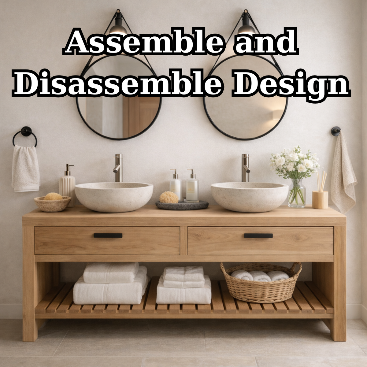 Scandinavian Solid Wood Double Sink Bathroom Vanity with Dual Drawers and Slatted Open Shelf