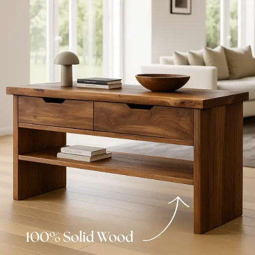 Handcrafted Solid Wood Console Table – Walnut Finish with Drawers and Open Shelf Kitchnce