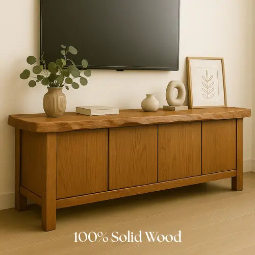 Handcrafted Solid Wood TV Stand with Live Edge Top – Minimalist Japandi Console Table for Living Room Kitchnce