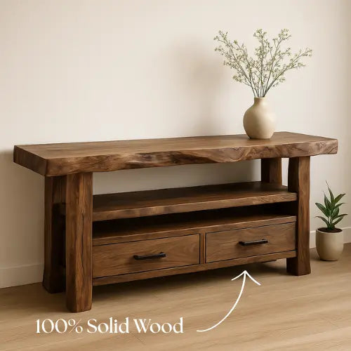 Handcrafted Solid Wood Live Edge Console Table – Rustic Walnut Design with Drawers and Open Shelf Kitchnce