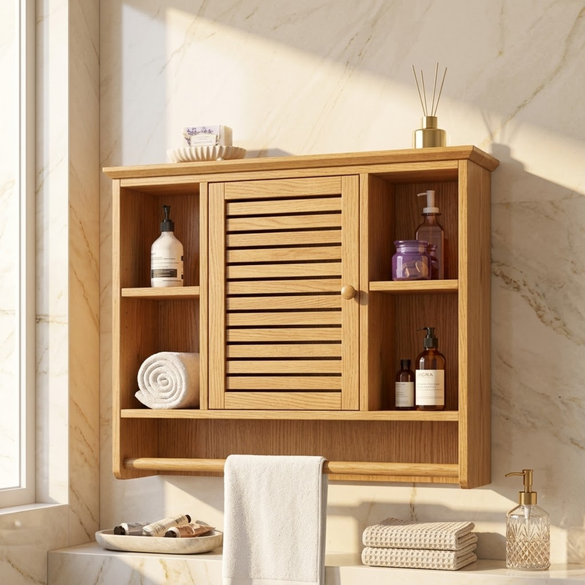 Floating Bathroom Cabinet, Wall-Mounted Vanity Storage With Slatted Door Towel Bar