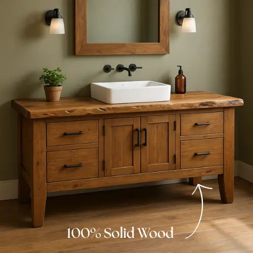 Handcrafted Rustic Solid Wood Bathroom Vanity – Live Edge Top with Four Drawers and Center Cabinet Kitchnce