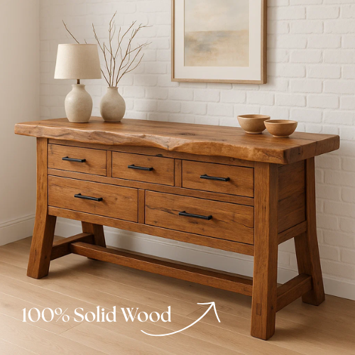 Handcrafted Solid Wood Rustic Console Table with Live Edge Top and Five Drawers Kitchnce