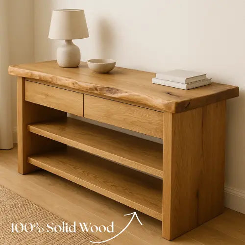 Handcrafted Solid Wood Live Edge Console Table – Natural Oak with Drawers and Open Shelves Kitchnce