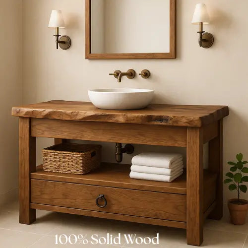 Handcrafted Solid Wood Bathroom Vanity – Live Edge Countertop with Drawer and Shelf – Rustic Organic Farmhouse Sink Console Kitchnce