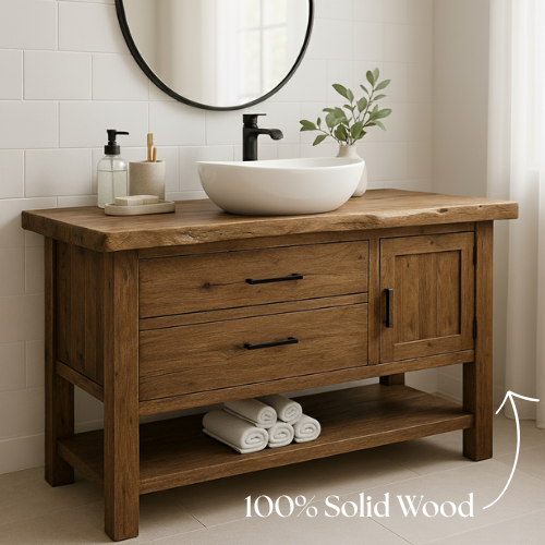 Handcrafted Solid Wood Bathroom Vanity with Live Edge Countertop and Open Shelf Kitchnce