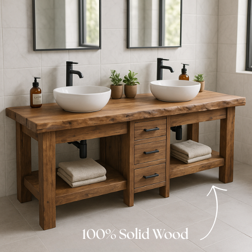 Handcrafted Solid Wood Double Bathroom Vanity – Live Edge Top with 3 Drawers & Open Shelves Kitchnce