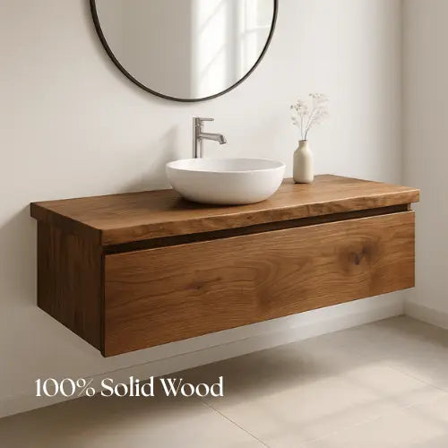 Handcrafted Floating Solid Wood Bathroom Vanity – Modern Live Edge Countertop with Single Drawer – Minimalist Natural Finish Kitchnce