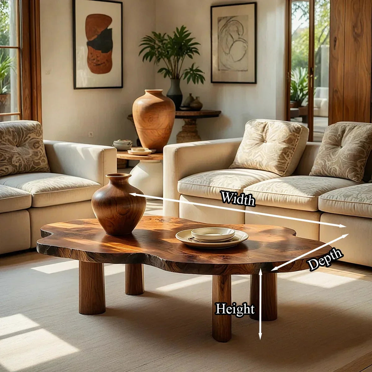 Organic Live Edge Natural Wood Coffee Table with Cylindrical Leg Base