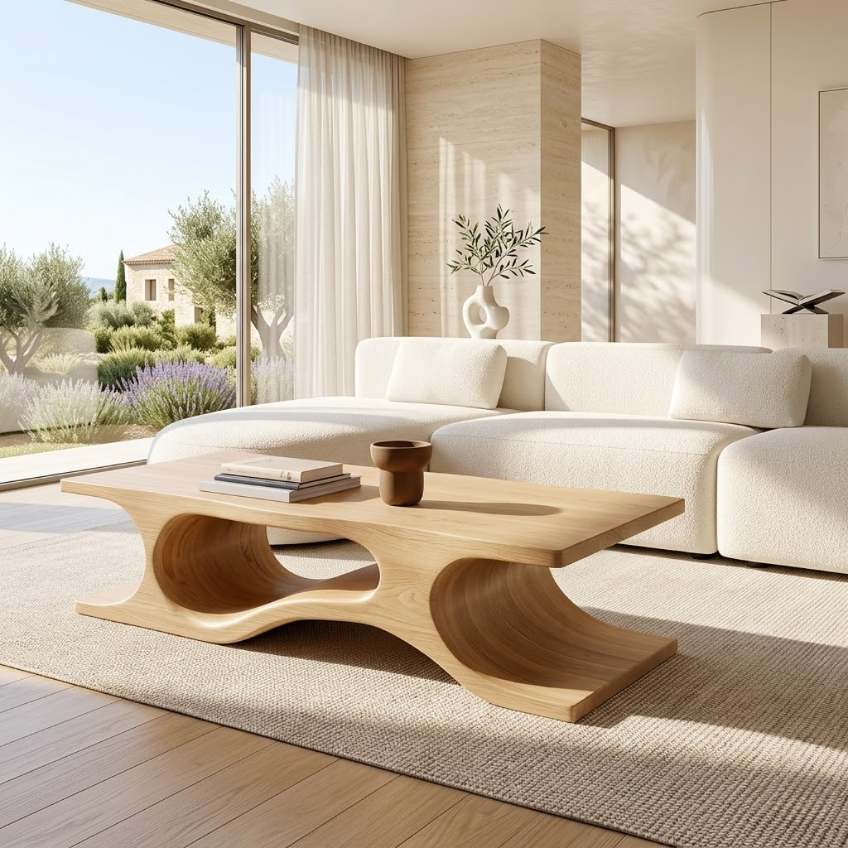 Organic Sculptural Coffee Table with Wave Base, Modern Minimalist Home Living Room Centerpiece